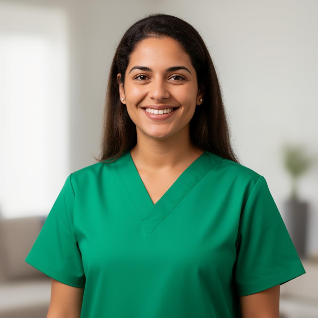 Cuidadora Acuidar sorrindo, usando camiseta verde